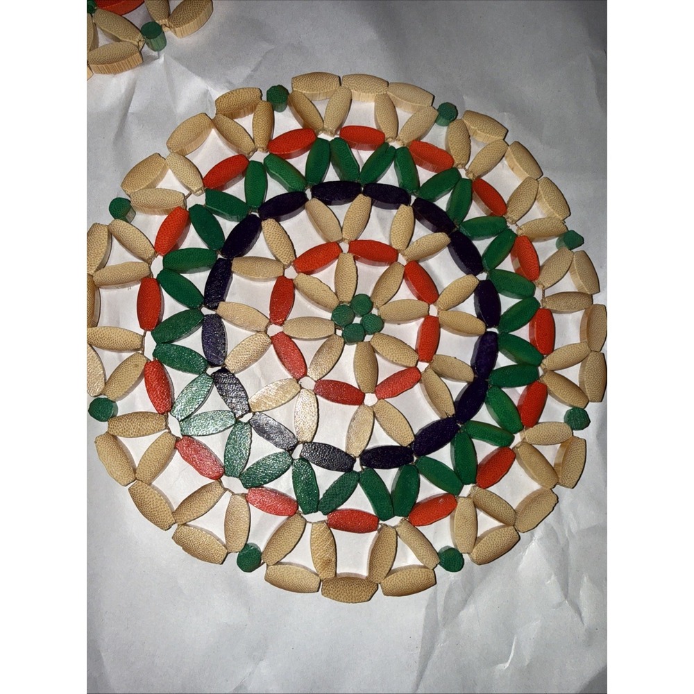 Vintage Wooden Bead Trivets  Green Blue, red & Natural lot of 3
